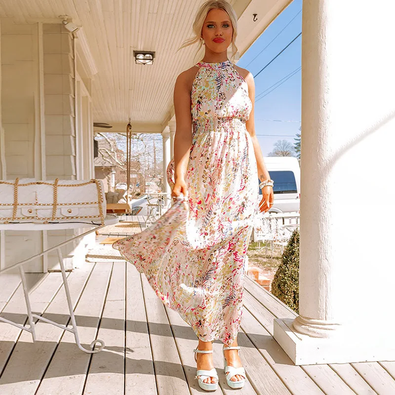 Latest Design Summer Dress Sleeveless Backless Spaghetti Strap Printed Dress Slim Fit Casual Maxi Dress