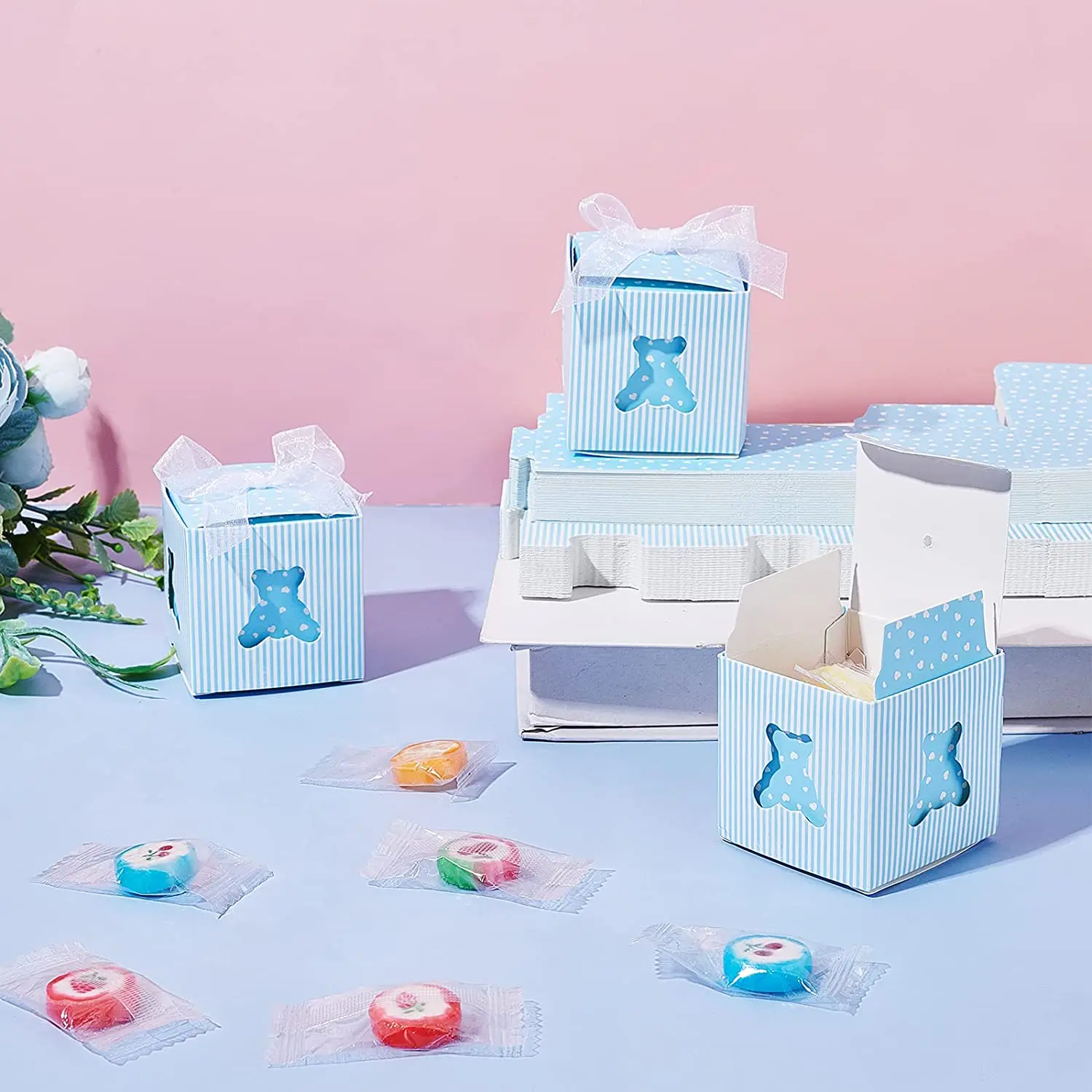 Baby Shower Candy Boxes Footprints Folding Boxes Newborn Baby Paper Gift Box with Ribbon for Gender Reveal Party Kinderg