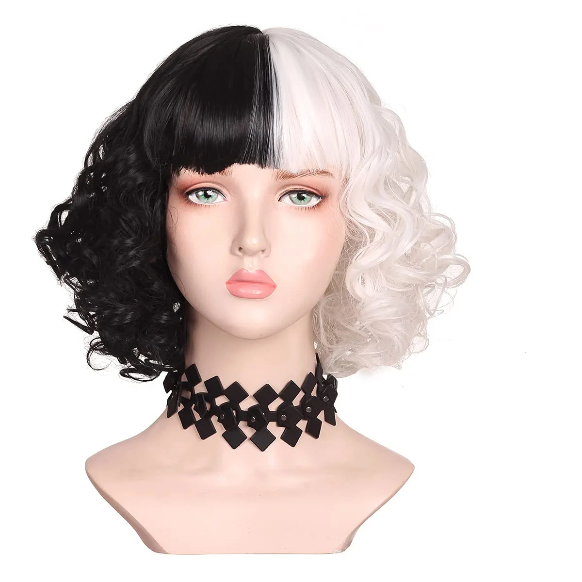 RUI YI Black and white witch Cruella wig cigarette stick necklace set 101 Dog Estella costume