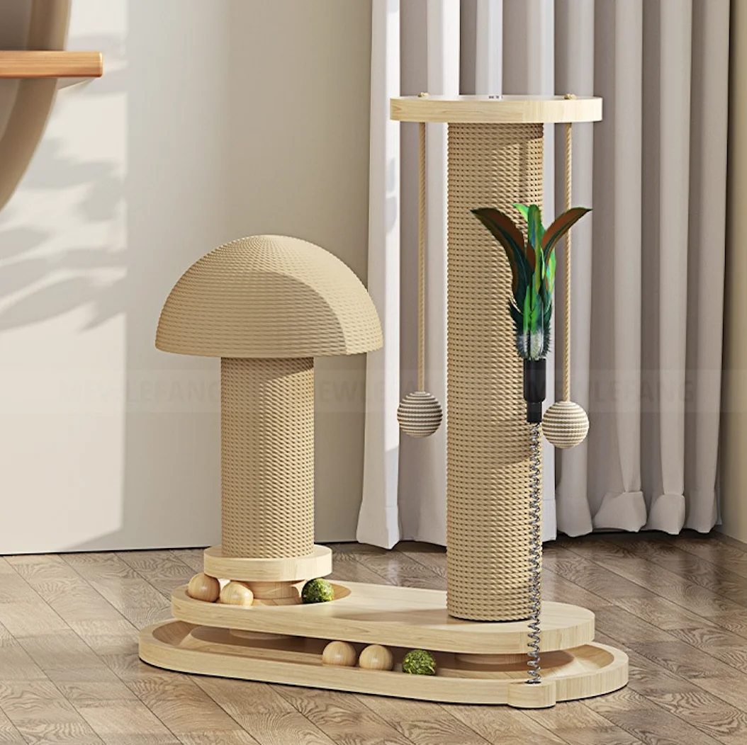 Wood MDF Elliptical Mushroom Cat Scratching Post Turntable Cat Climbing Frame With Basic & Plus Post Double Grabbing Ball