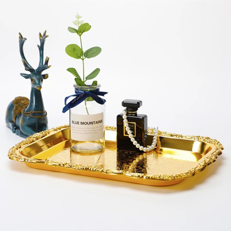 Factory Outlet Three Piece eid Golden Fruit Decorative Tray  sets European Stainless Steel Serving Rectangular Tray