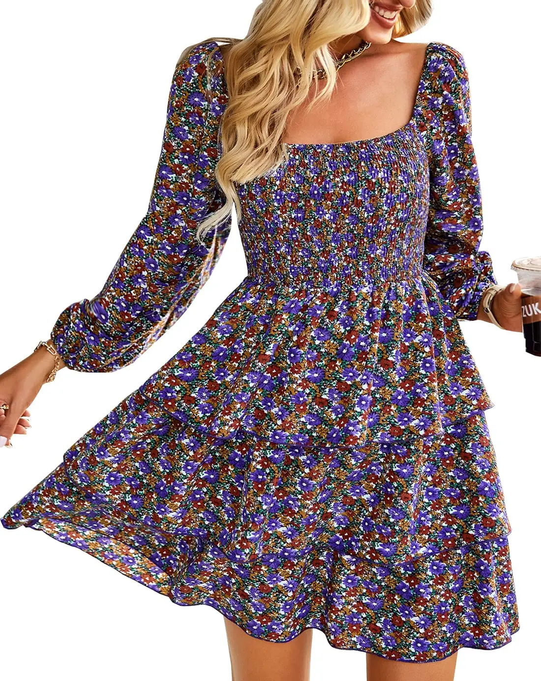 omen Spring Summer Square Neck Smocked Dresses Long Sleeve Floral Swiss Dot Ruffle Party Mini Babydoll Dress