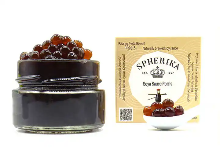 Frozen 55G Glass Jar Spherika Soy Sauce Pearls Well Known Umami Caviar Roes 50 % Purity Soy Sauce Pearls For Garnish