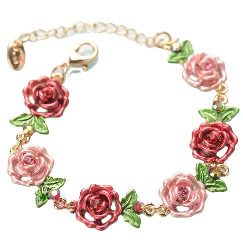 New Design Vintage Alloy Crystal Green Leaf Cloisonne Rose Flower Bracelet