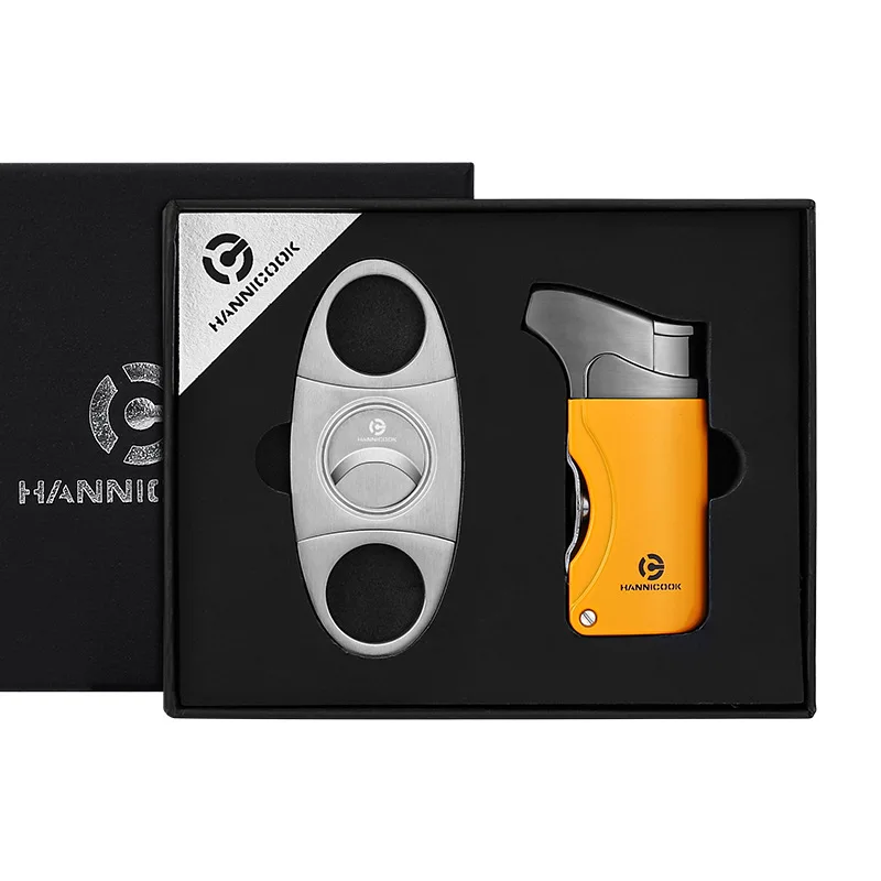 Free Sample Premium Luxury Jet Torch Windproof 2 in 1 Cigar Lighter and Cutter Set with Gift Box