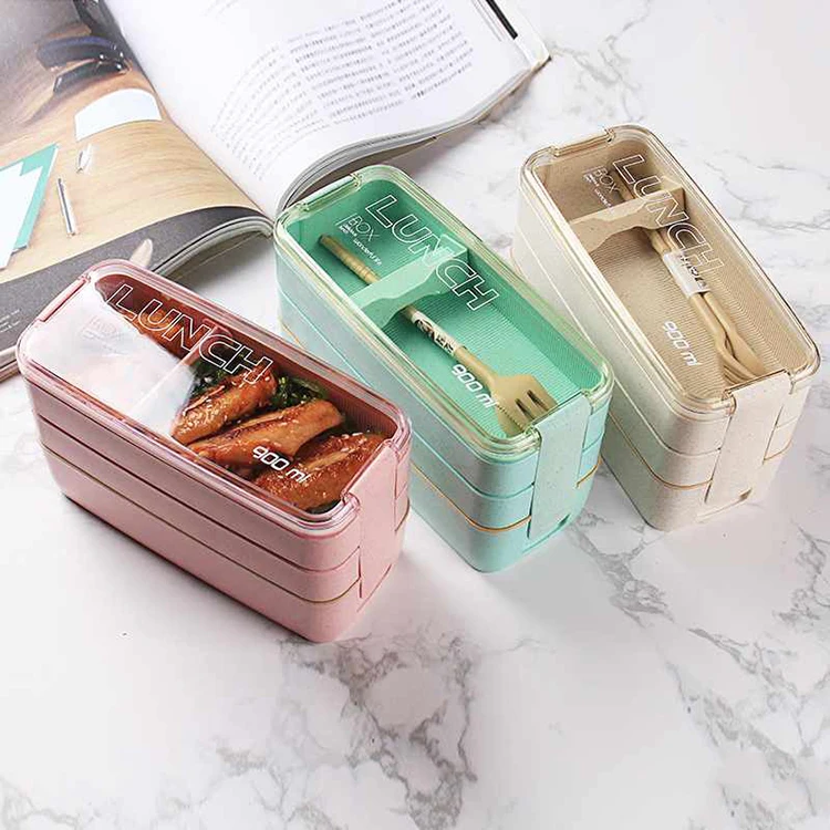 Online Shop High Quality New Design Products Eco-friendly Material 3 Layer Wheat Straw Lunch Box Wheat 750ML Straw Bento Box
