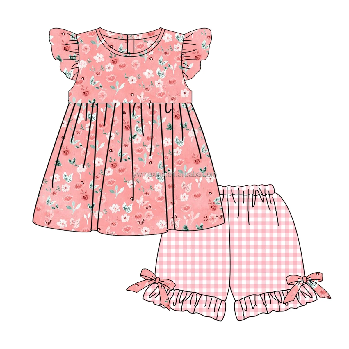 New Arrival Boutique Kids Clothes Flowers Design Party Skirt Baby Girls Flying Sleeve Cotton Dress and Short Outfits