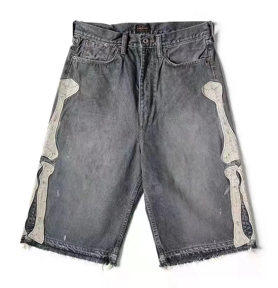 Custom men denim shorts with patch vintage washed blue jean shorts Y2K jeans with embroidery leather patch