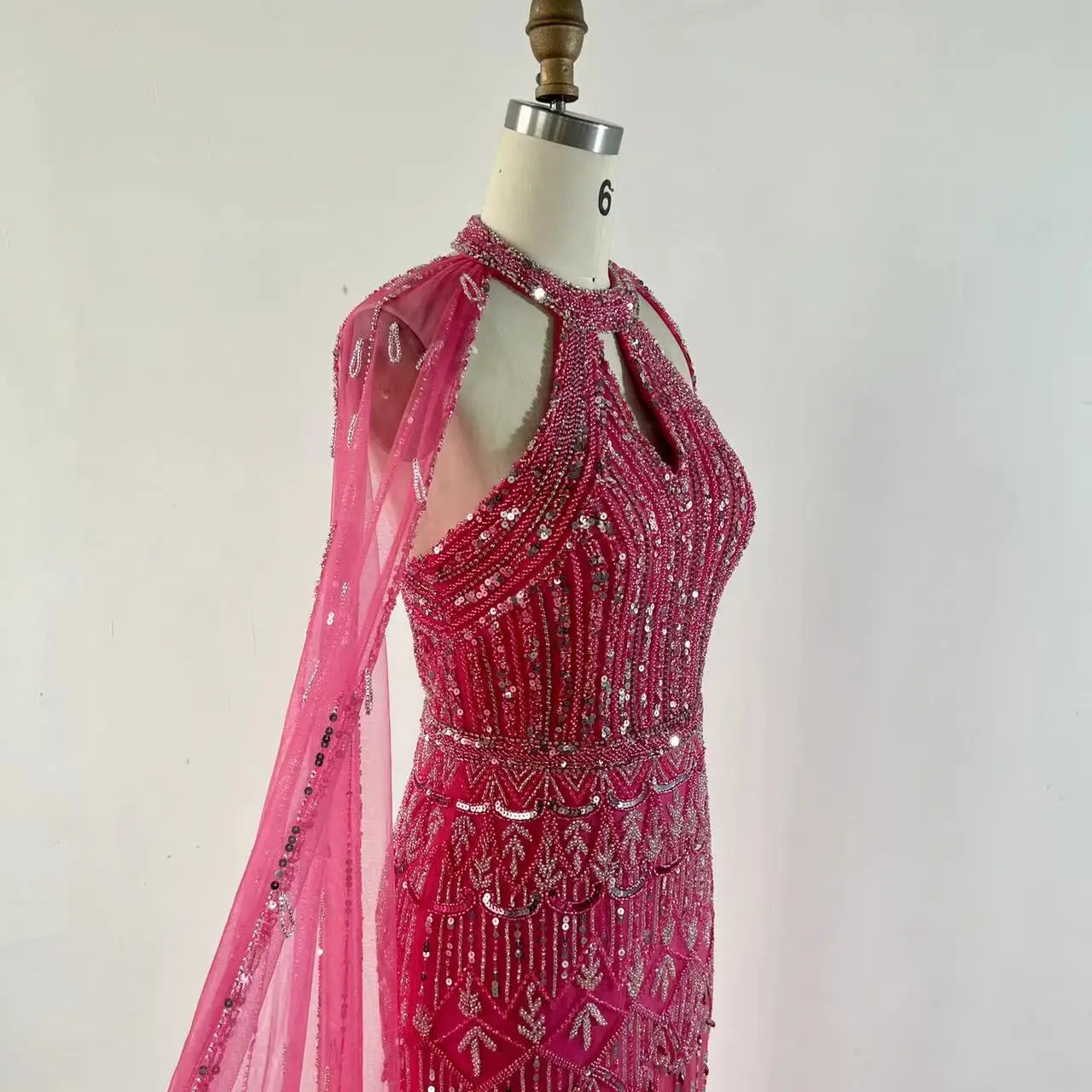 NEW Pink Cape Sleeves Mermaid  Beaded Elegant Evening Dresses Luxury Gowns For Women Arabic Party