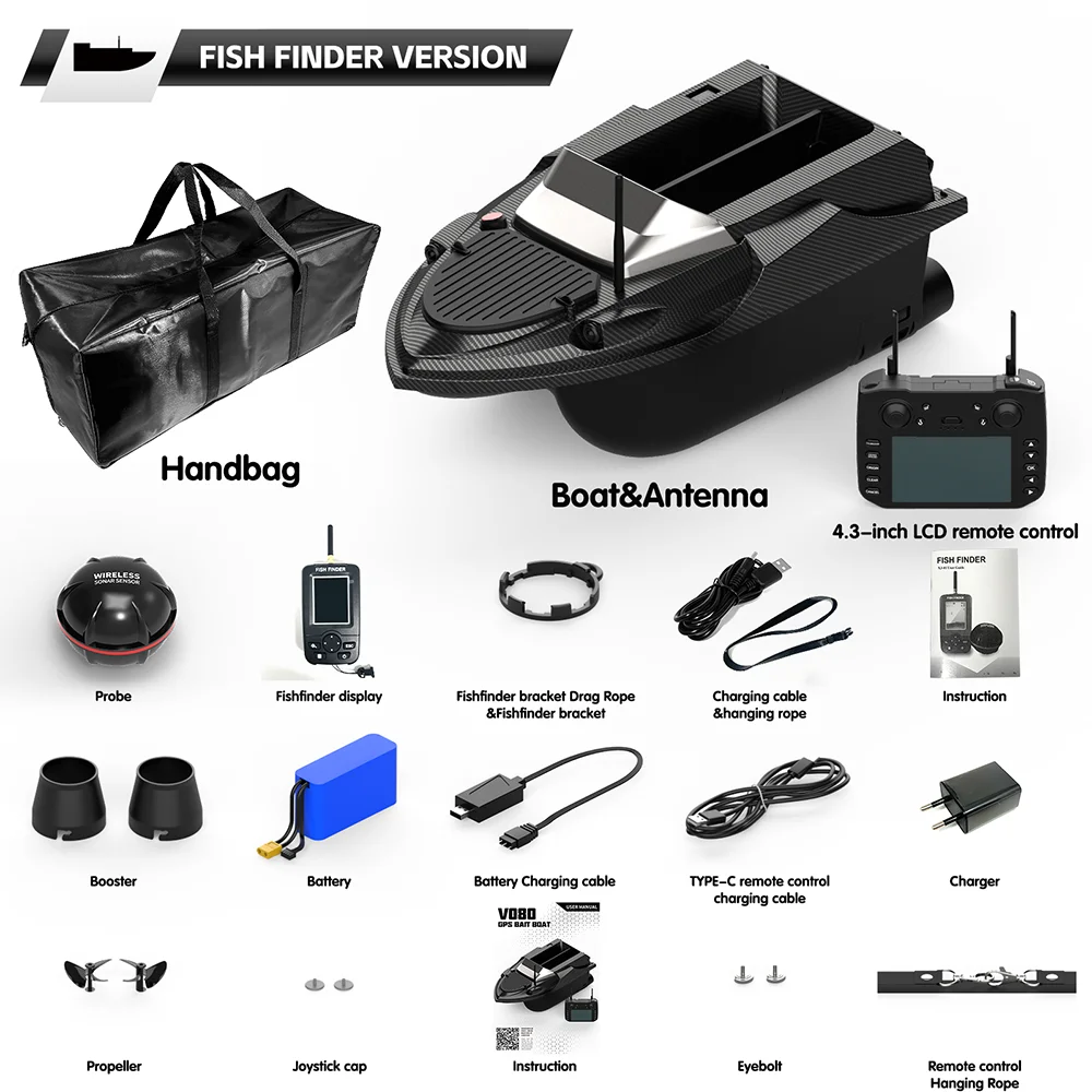 V080 2025 New 800M 3KG 180 GPS Point Auto Return GPS Sonar Fish Finder 12V High Speed Carp Fishing Bait Boat with Releasing Hook