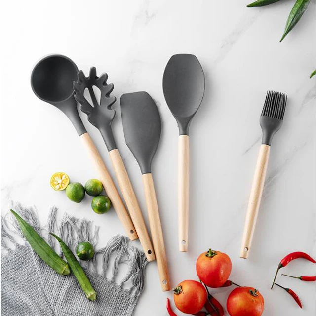 Hot Sale Black Color Wooden Handle Utensils Household Silicone Kitchen Accessories kitchenware Durable Cooking Tools Set