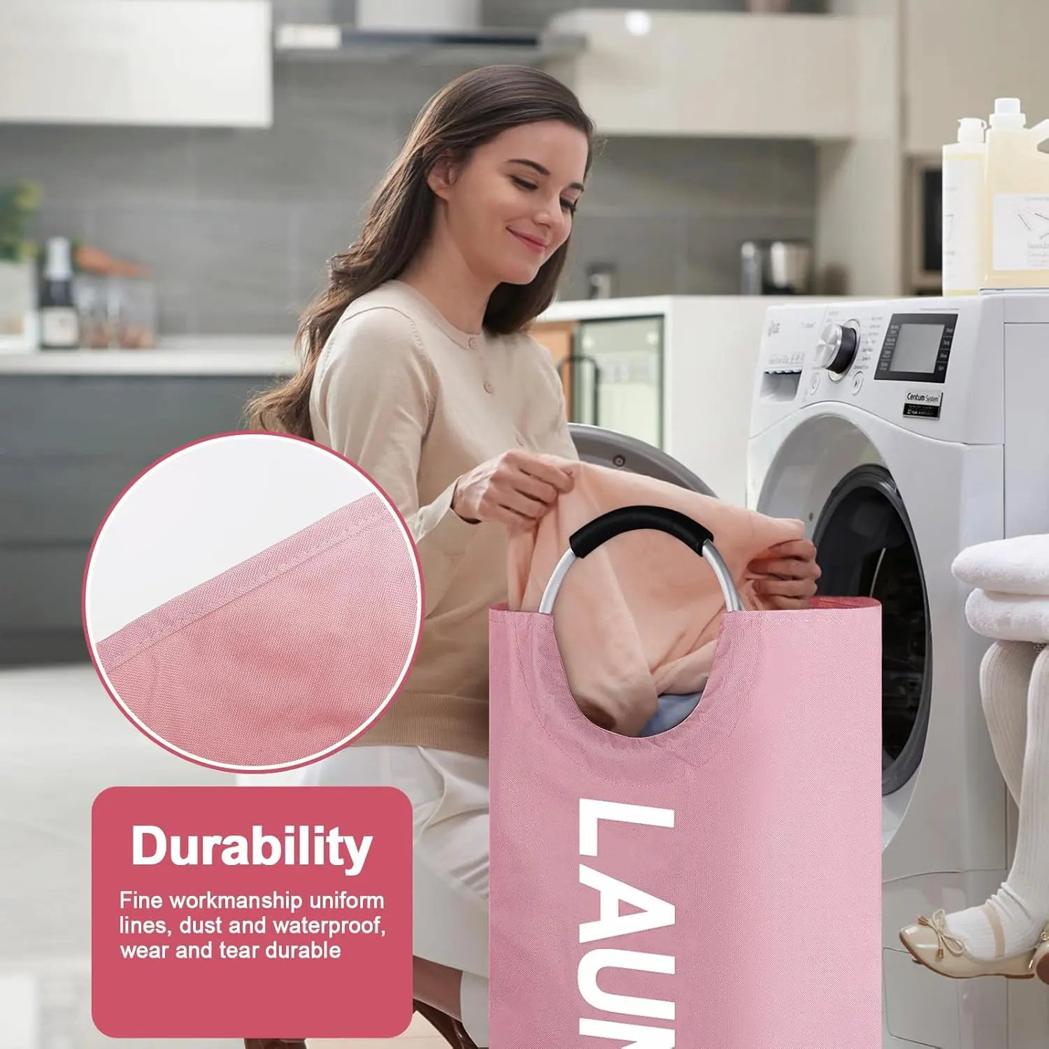 Skymoving New Custom Pink Large Dirty Laundry Basket Foldable Clothes Organizer Fabric Storage Laundry Hamper Bag with Handle