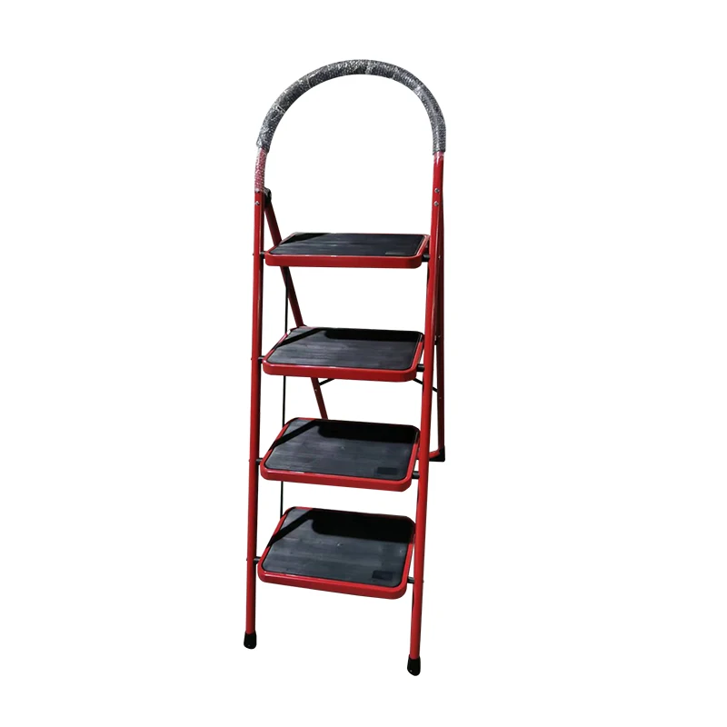 WEIKEN EN131 Kitchen Attic Steel Foldable Ladder Stool Portable Household Metal 4 Step Ladder with Handrail