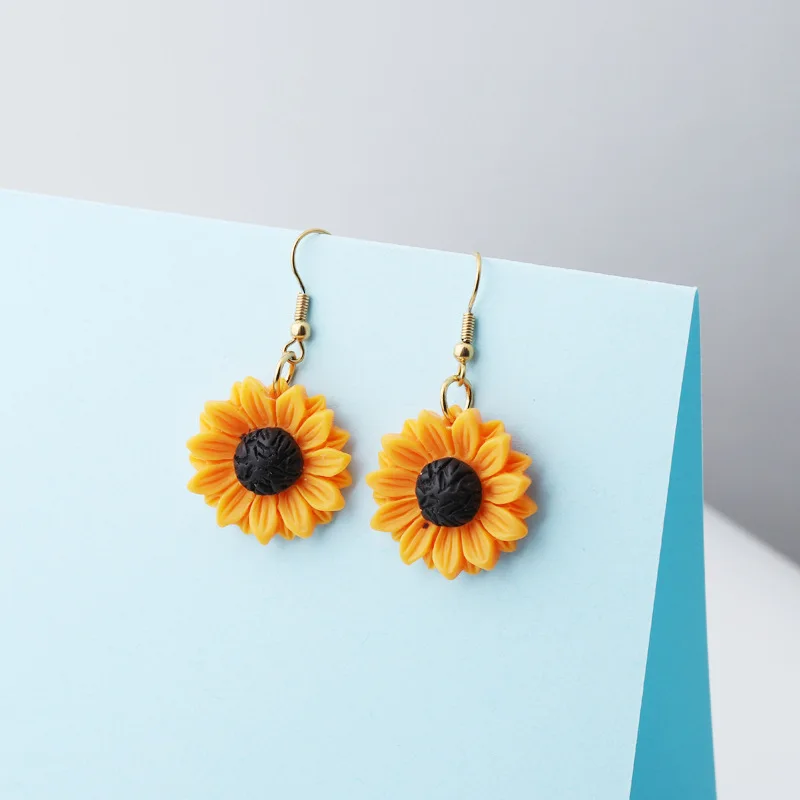 Fashion Boho Flower Drop Stainless Steel Ear Hook Earrings 2024 Summer Fresh Yellow Acrylic Sunflower Dangle Earrings for Girls