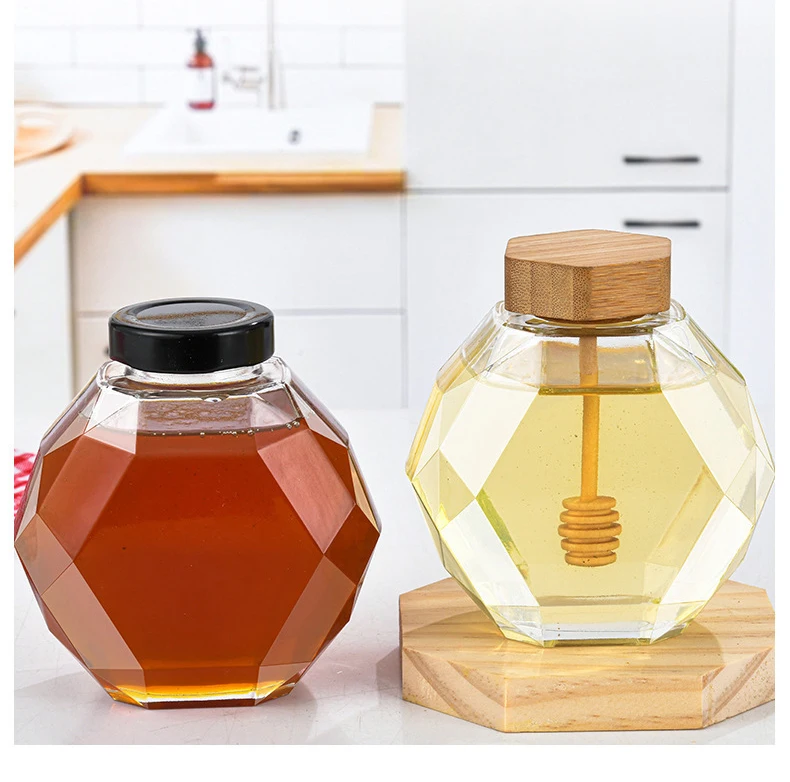 Wholesale clear Custom logo Storage Dipper Empty Container Glass Honey Jar Hexagon Shaped Jars with Lid