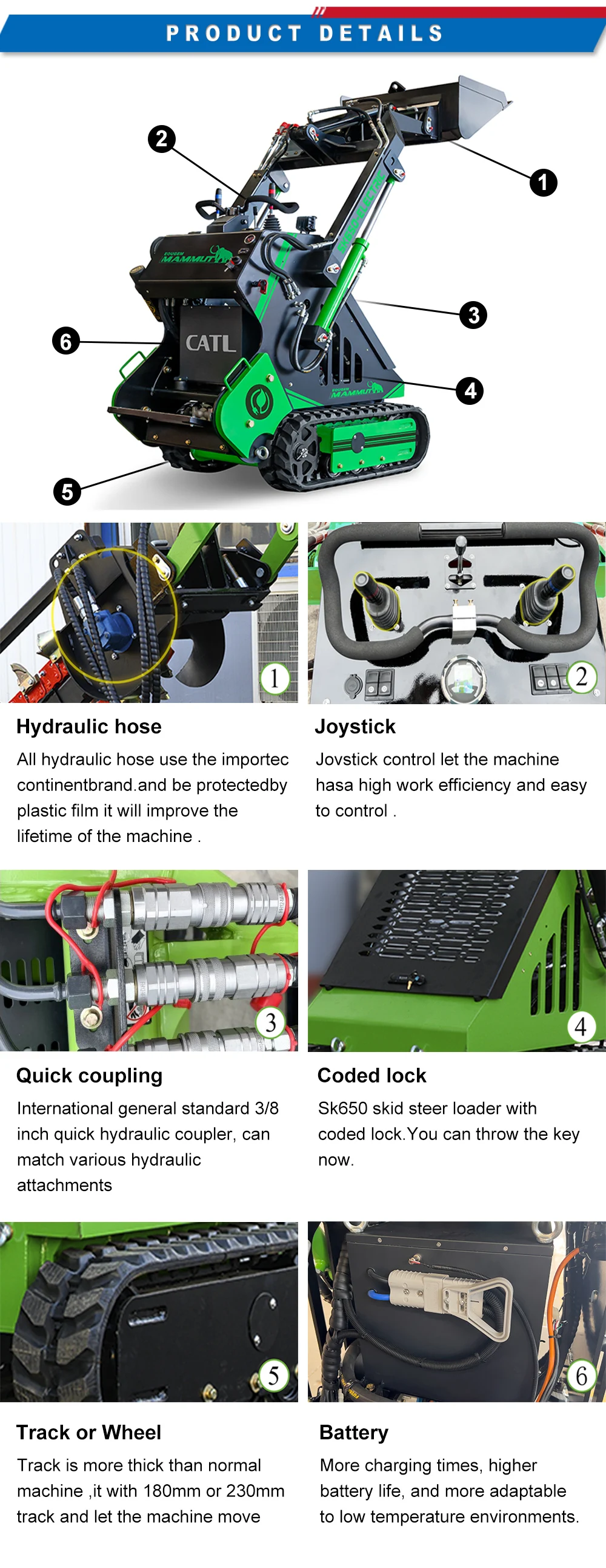 Mammut 770lbs 300kg 400kg 500kg track type Electric Battery Powered Mini skid Loader SKE650 for Construction