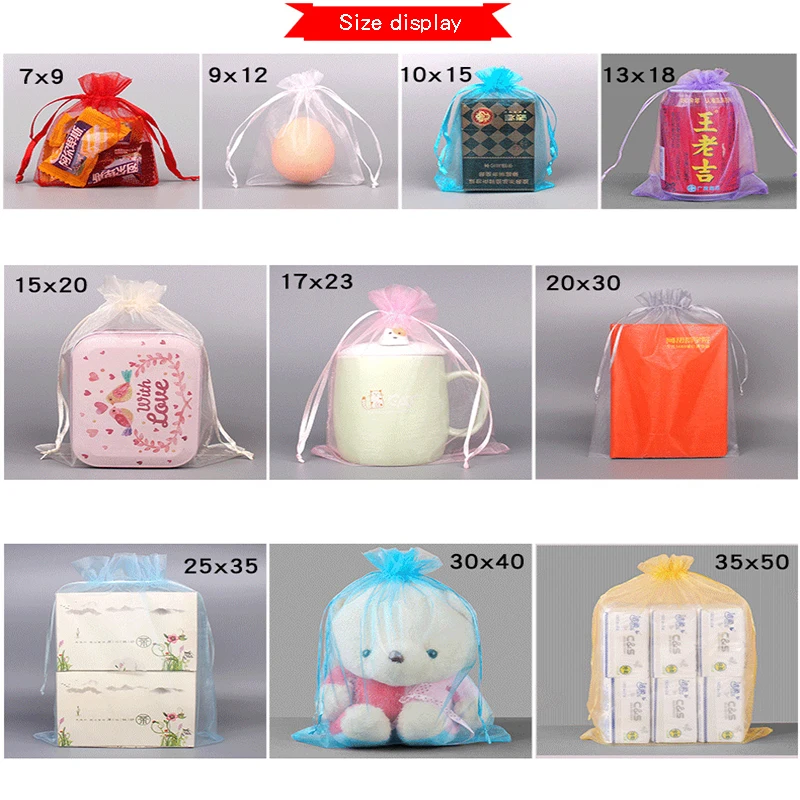 24 colors Custom size Logo Drawstring Gift Pouch Jewelry Mesh Packaging Organza Bag