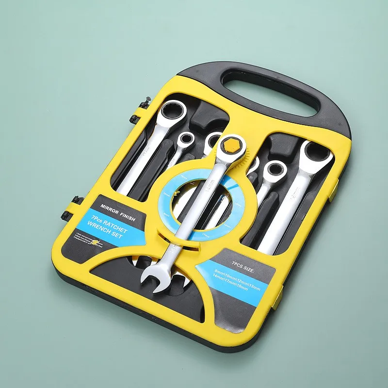 CRV steel quick 72 tooth ratchet wrench dual-purpose open end ring wrench set ratchet automatic wrench 7pcs set in plastic box