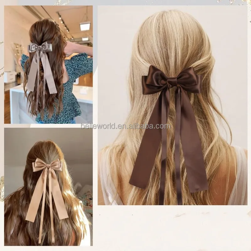 BELLEWORLD customized logo women girls elegant smooth handmade satin ribbon bow hairpins two-layer long ribbon bowknot hair clip
