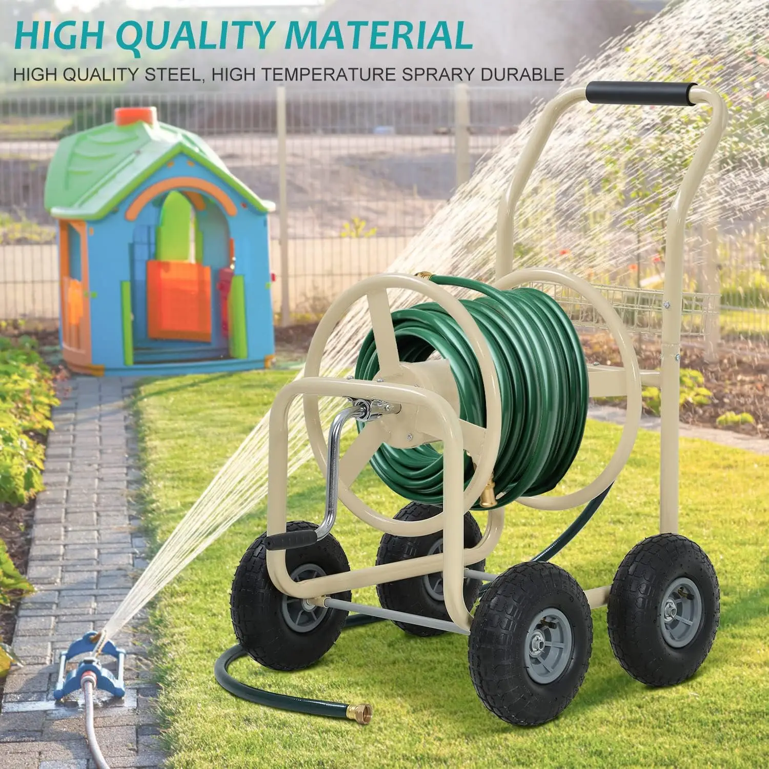 Heavy Duty Hose Reel Cart Garden for Outdoor Patio Lawn W 4 Wheels Metal Care Watering Equipment Holds 300-Feet Hose, Green