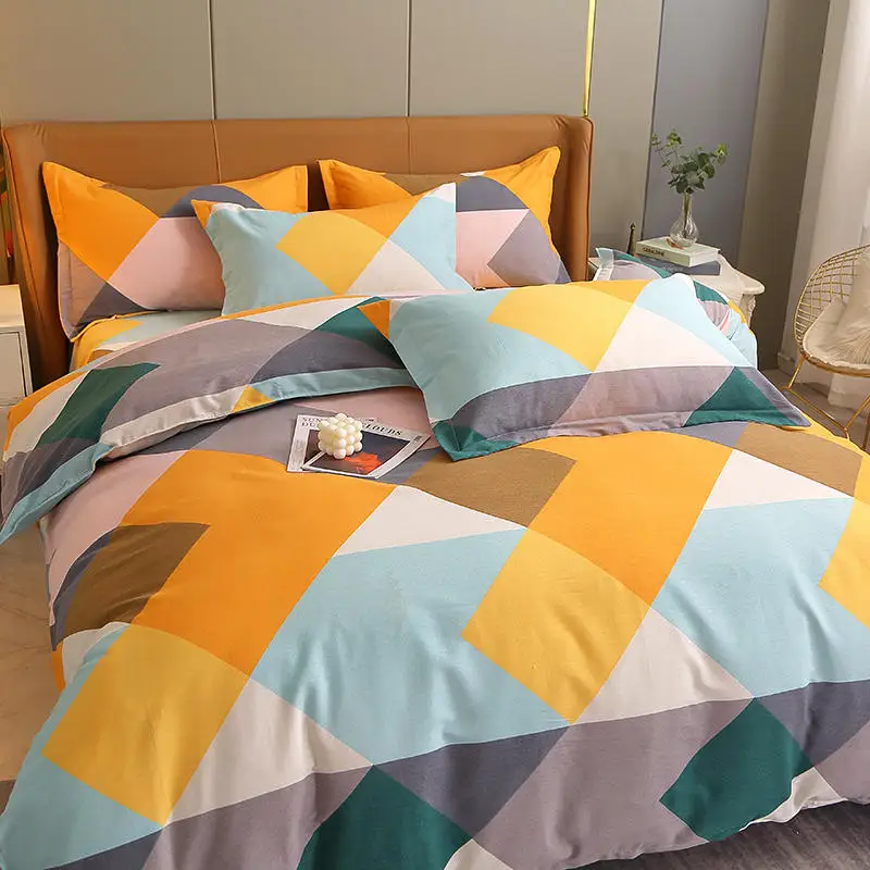 Japanese styles Geometric block embroid 4 Pieces Full Cotton brushed Fabric Kids Bedding Set