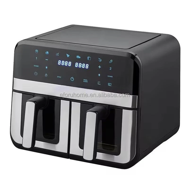 Eforu 2 in 1 multi function double basket air fryer ovens stainless steel 9L dual smart air fryer with 2 Independent window