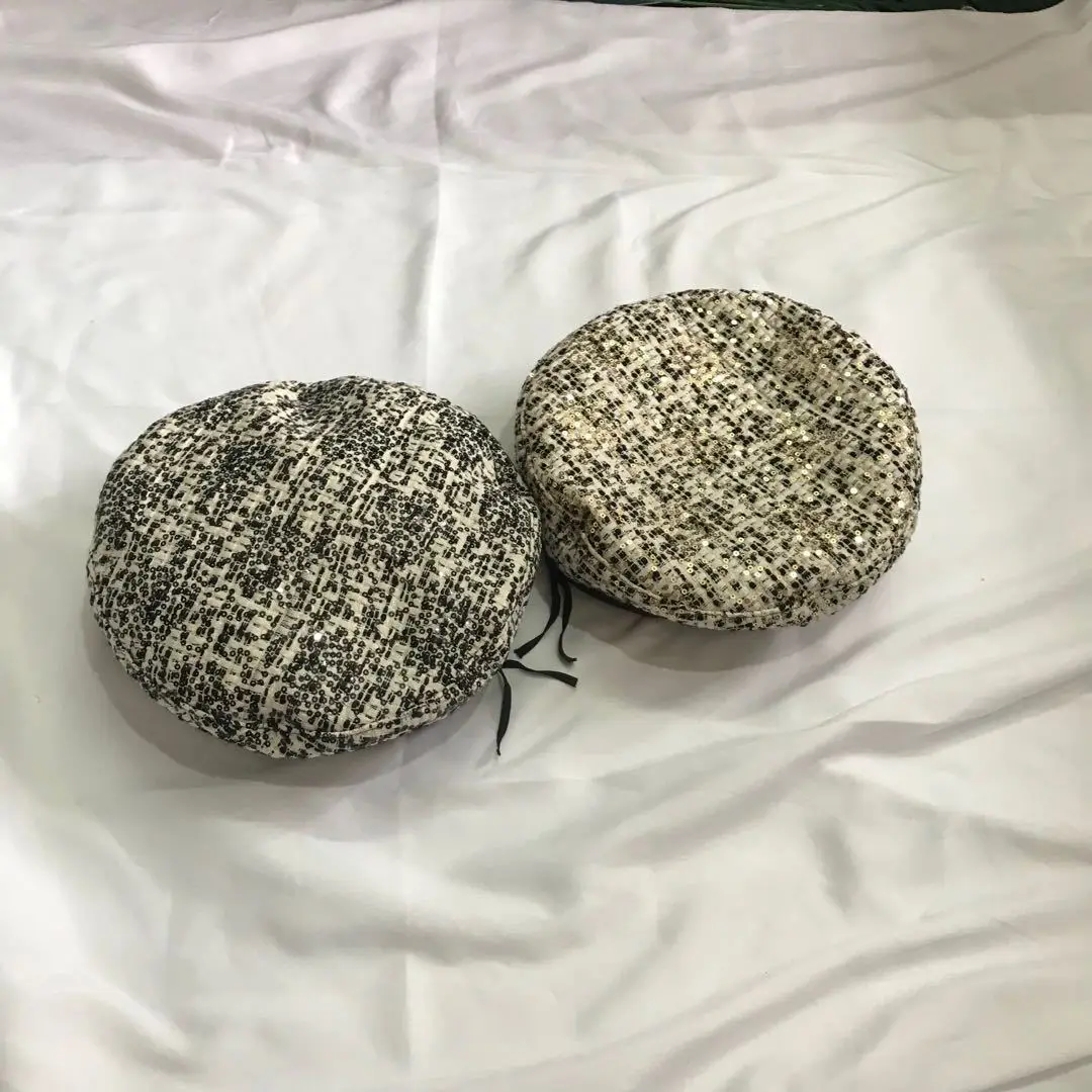 Customizable Women British Fashion Leisure Warmth Leather Hems Sequins Beret