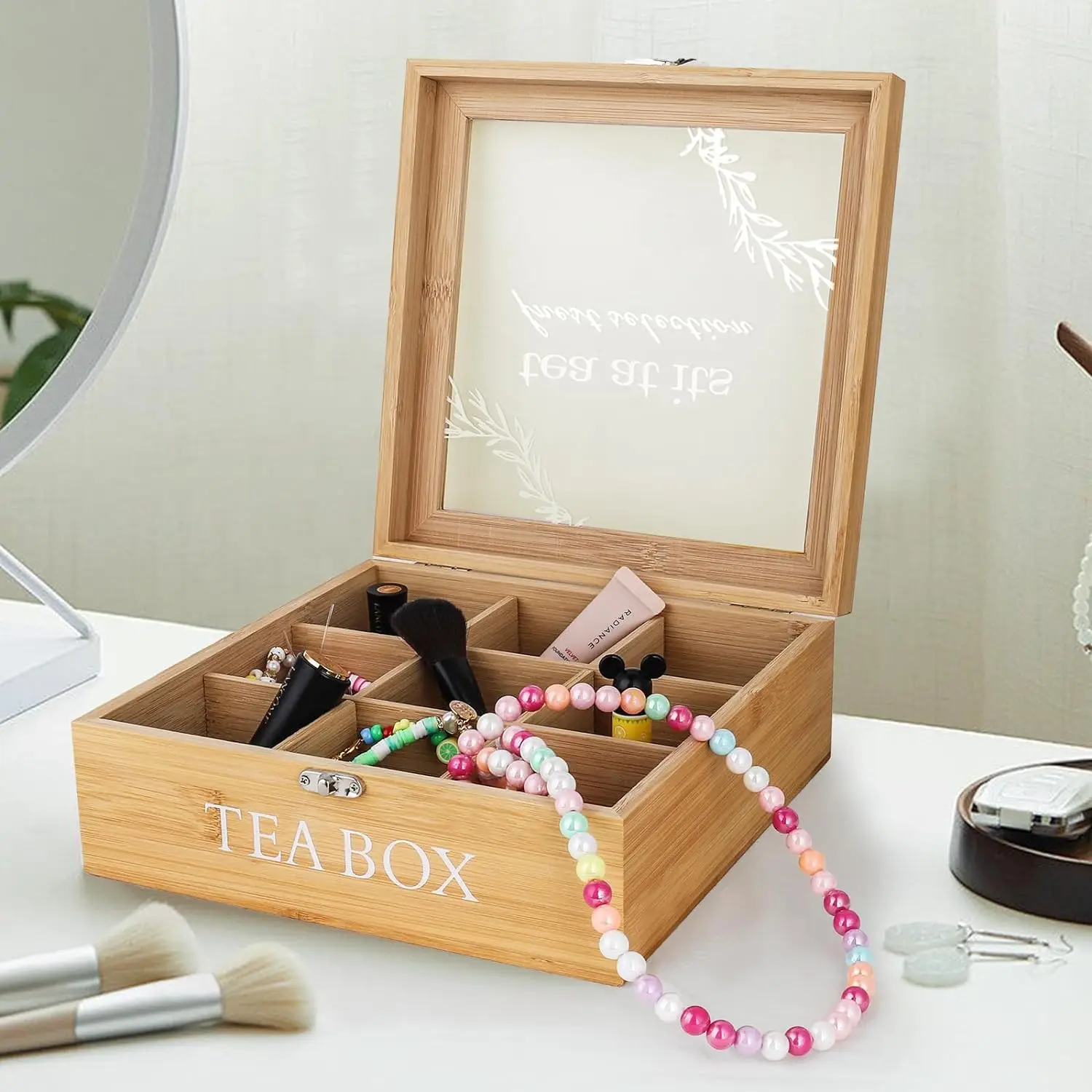 Hot Sale Wooden Tea Storage Box,Wood Tea Bag Organizer with 9 compartment for Tea Bags,Sugar, Coffee Pods