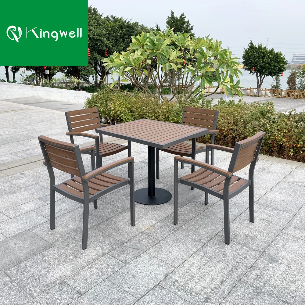 Cafe Furniture Dining Set Outdoor Restaurant Aluminum Dining Table Set Plastic Wood Top Garden 4 chairs Sets For Hotel