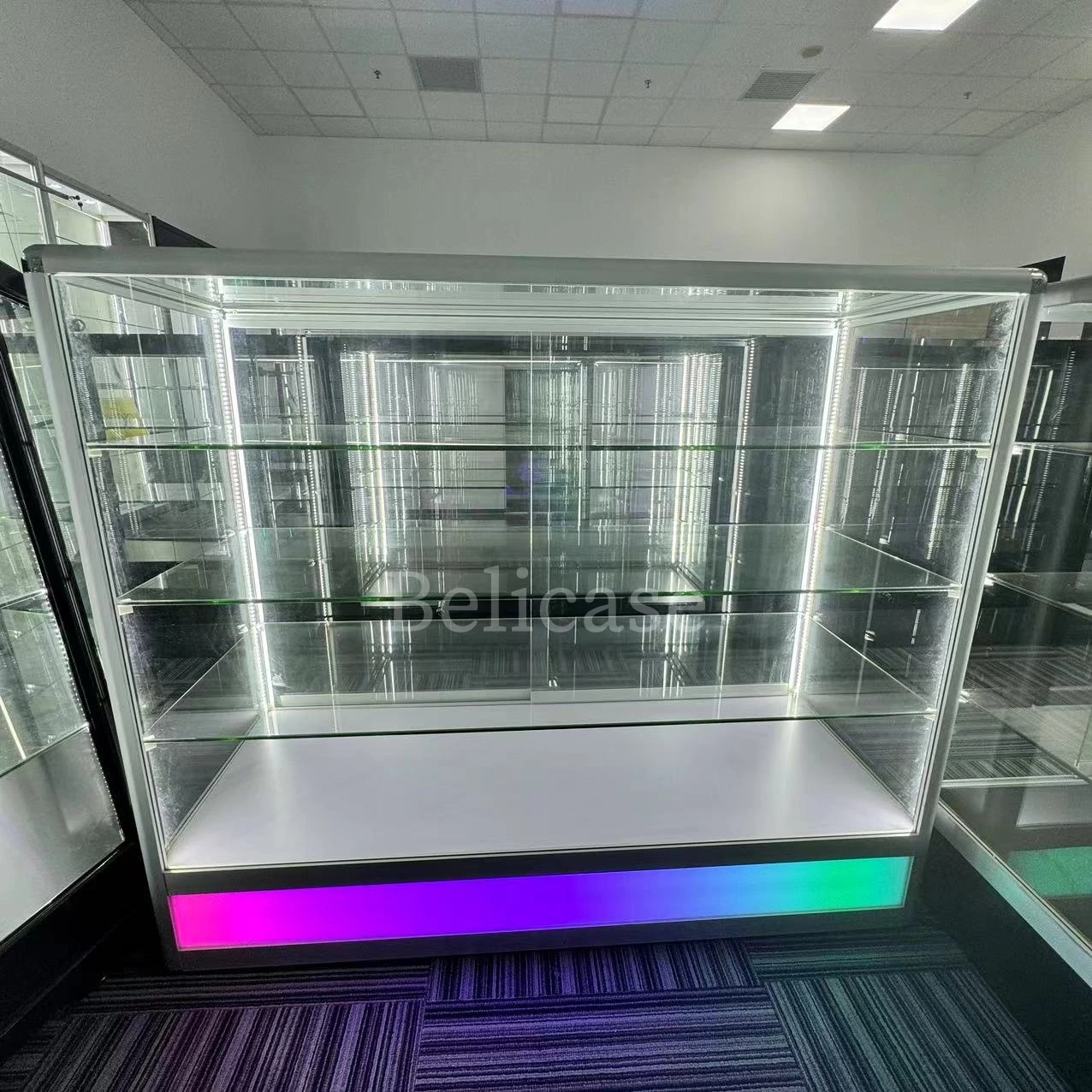 Aluminum Frame Multi-tier Floor Display Case Retail Store Glass Counter with Colored RGB Light Smoke Shop Glass Showcase