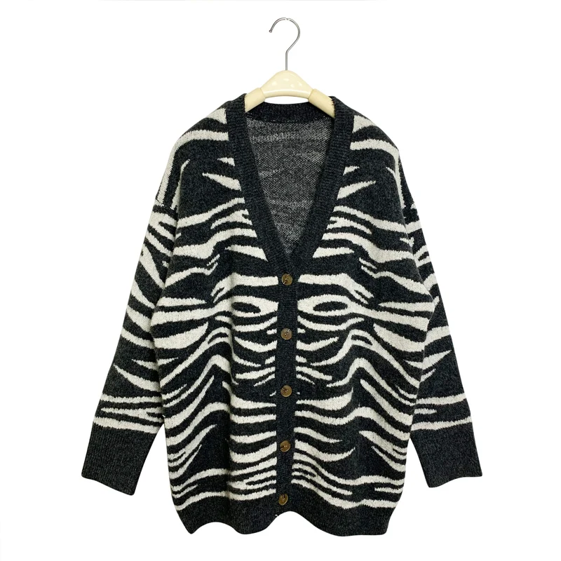 Factory direct sale custom deep v-neck jacquard zebra striped sweater cardigan with single button