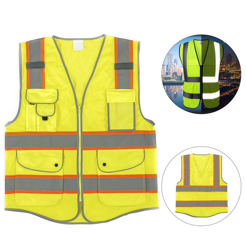 High Visibility Reflective Strips Construction Vest with 8 Pockets Mic Tab Zipper Safety Vest