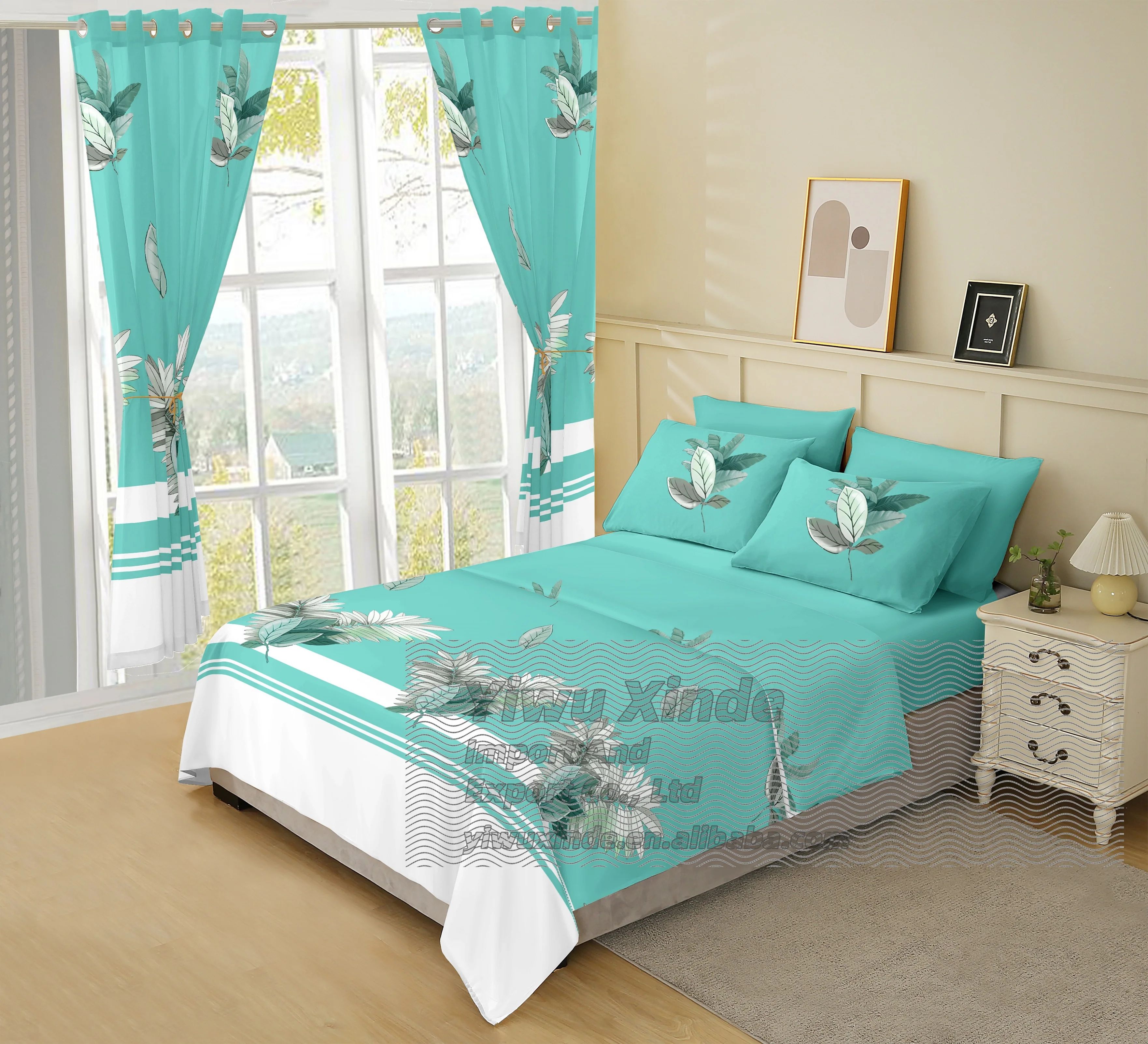 8pcs Flowers Plant Pattern Bedding Sheets for King Size Bed Sheet Set with Curtains