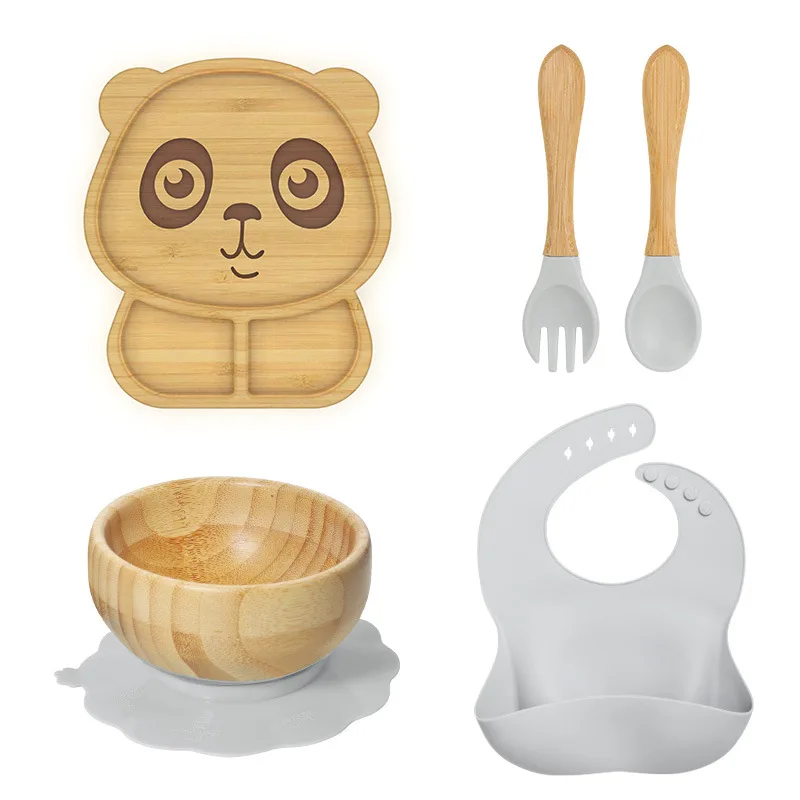 Eco Friendly Baby Bamboo Suction Silicone Plate Panda Dinnerware Sets Kid Bamboo Food Bowls Bamboo Tableware For Toddlers
