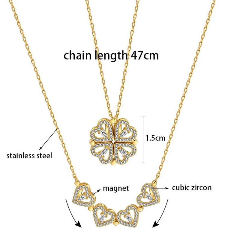 Hot Selling Zircon Diamond Four Leaf Clover Charm Jewelry Necklaces Stainless Steel Gold  Foldable Clover Necklace