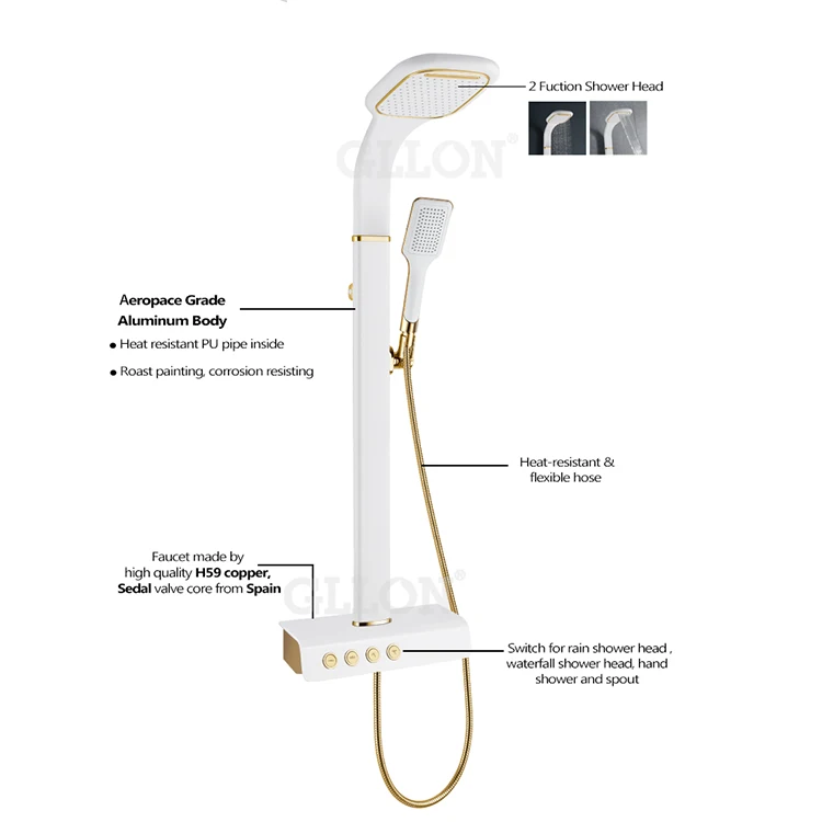 H59 Copper Aluminium Luxury Bathroom Waterfall Rainfall Black and Gold Shower Set Column Panel with Spain Sedal Valve Core