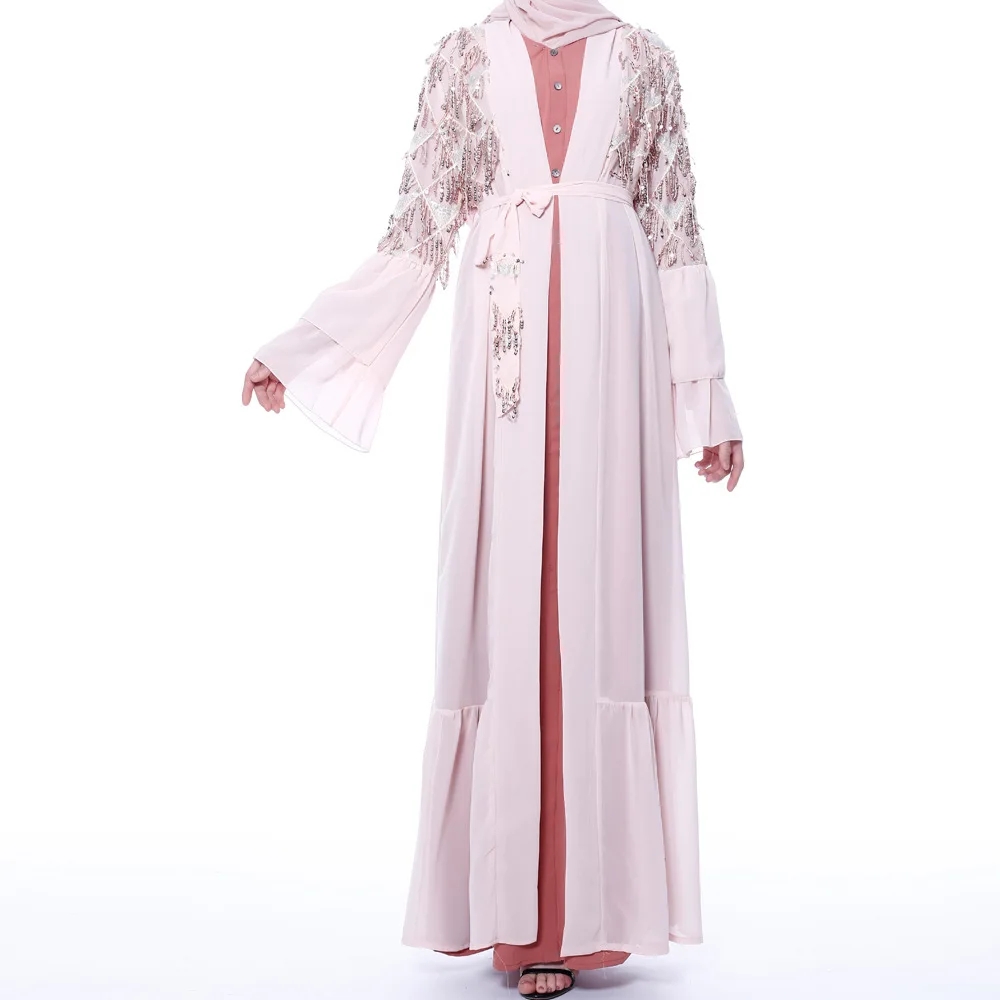 2023 wholesale islamic clothing sequin tassel chiffon with flared long sleeves for women muslim dress abaya
