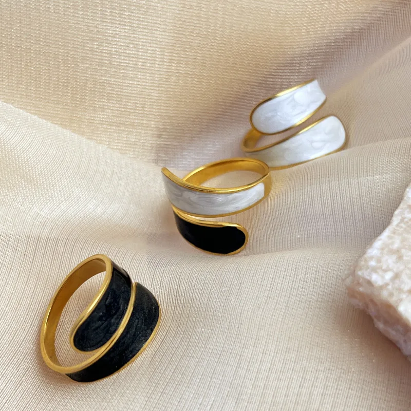 BINSHUO French Stainless Steel Plated With 14K Gold Jewelry Ring Drip Oil Wave Design Adjustable Ring