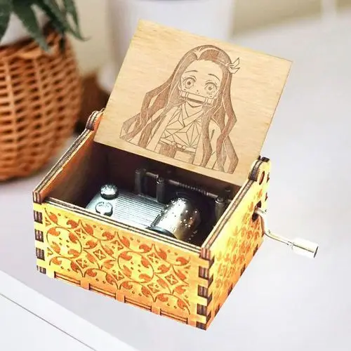 31 designs hot sale Gift Melody Hand Crank Laser Engraved Anime Demon Slayer Hand Crank Wooden Music box