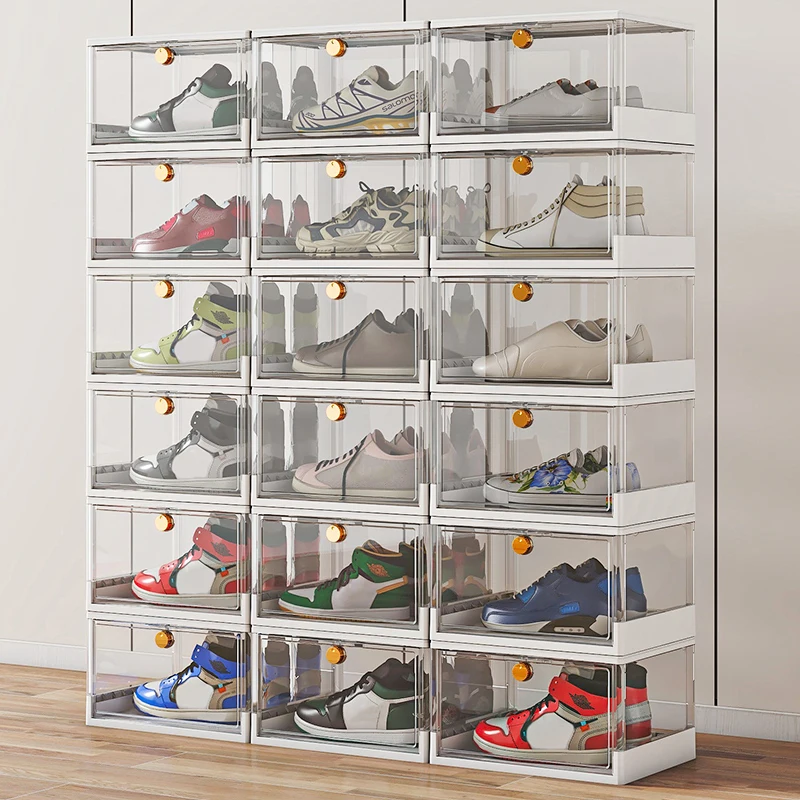 Transparent Stackable Shoe Storage Bins Foldable Sneakers Organizer Boxes Drop Front Plastic Shoe Organizer