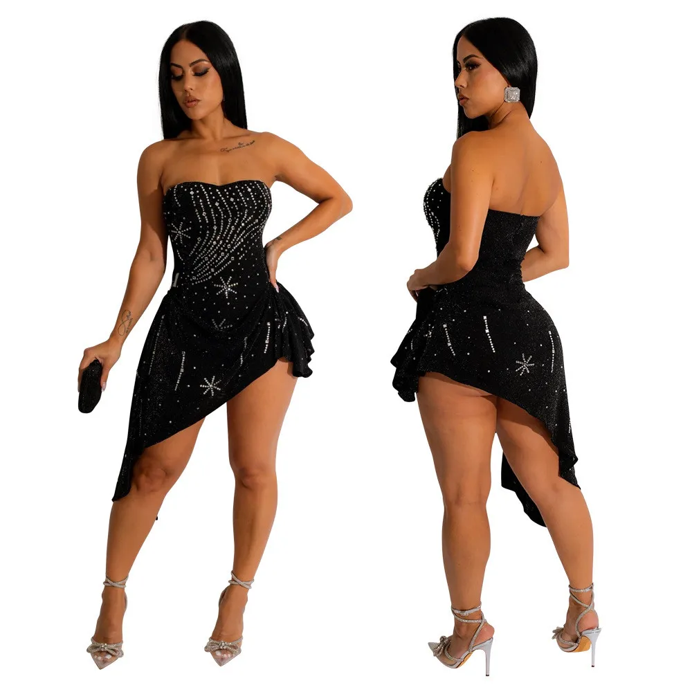 Best Seller Sleeveless Strapless Short Dress Summer Rhinestone Decoration Irregularity Club Dress For Women