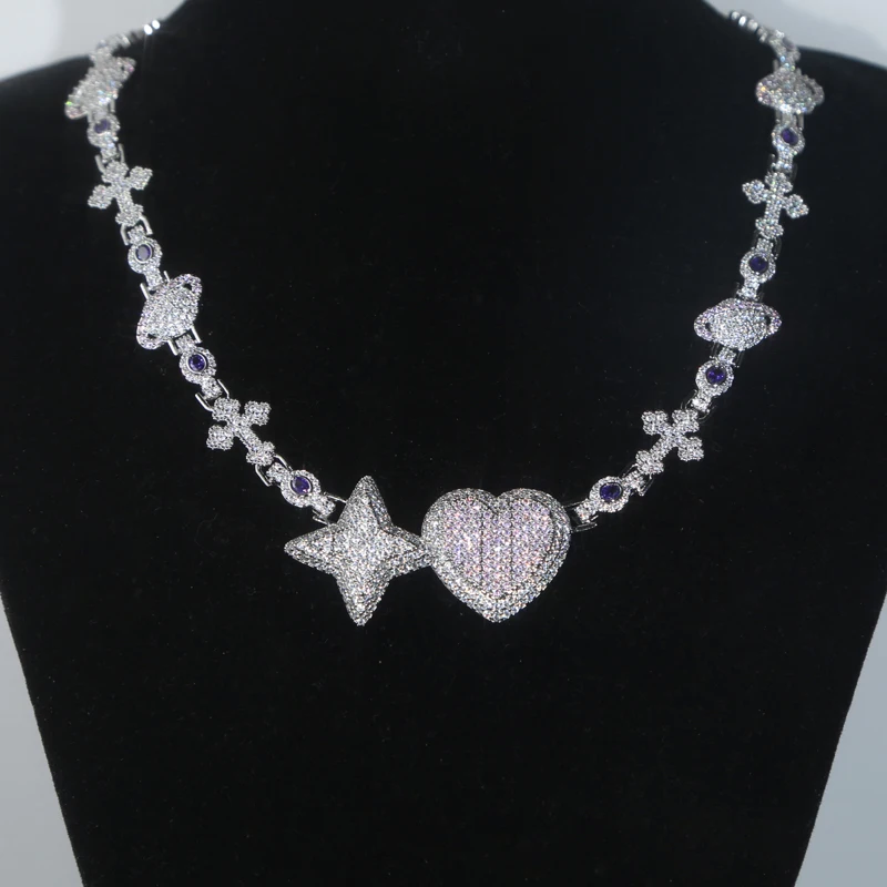 New Arrived Iced Out Bling Men Jewelry Rhodium Plated Cross Star Heart Earth Various Charms Link Chain Hip Hop Necklace