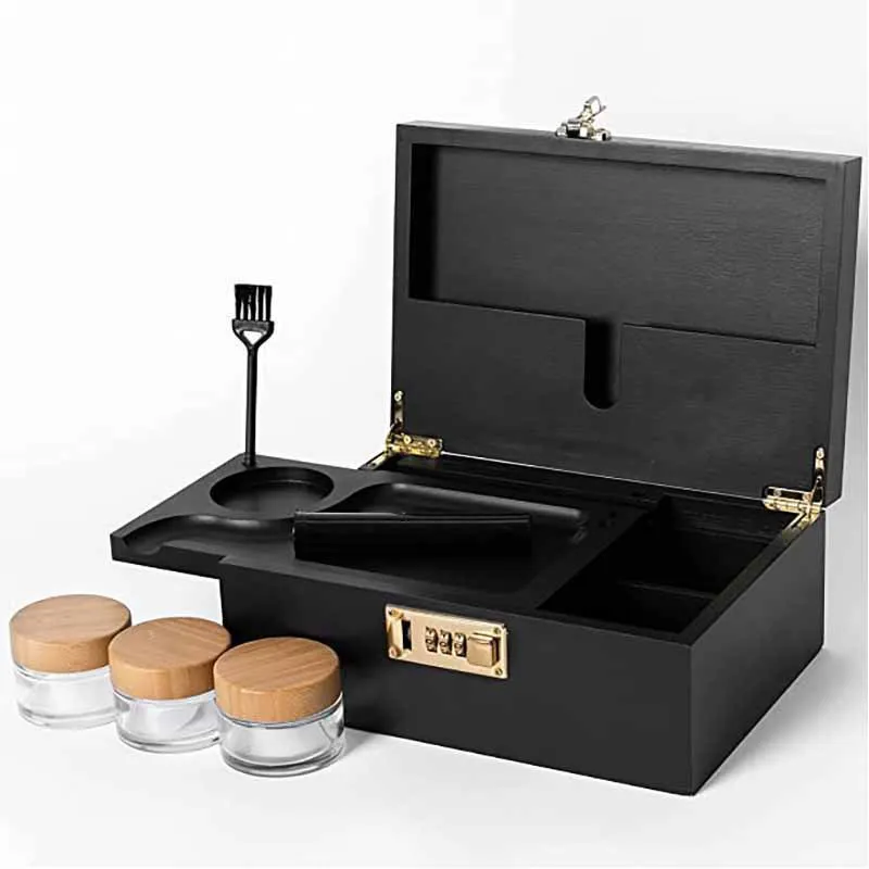 Custom Logo Smoking Accessories Wooden Rolling Tray Smell Proof Stoner Storage With Lock Combo Kit Bamboo Stash Box kit