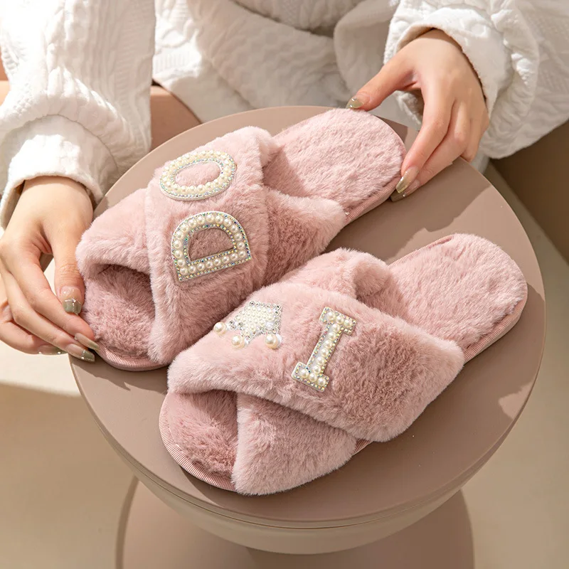 Heart Love Fluffy Fur Slippers Women Warm Open Toe Plush Memory Foam Ido Slide Slippers Home 2023 Winter Indoor Shoes