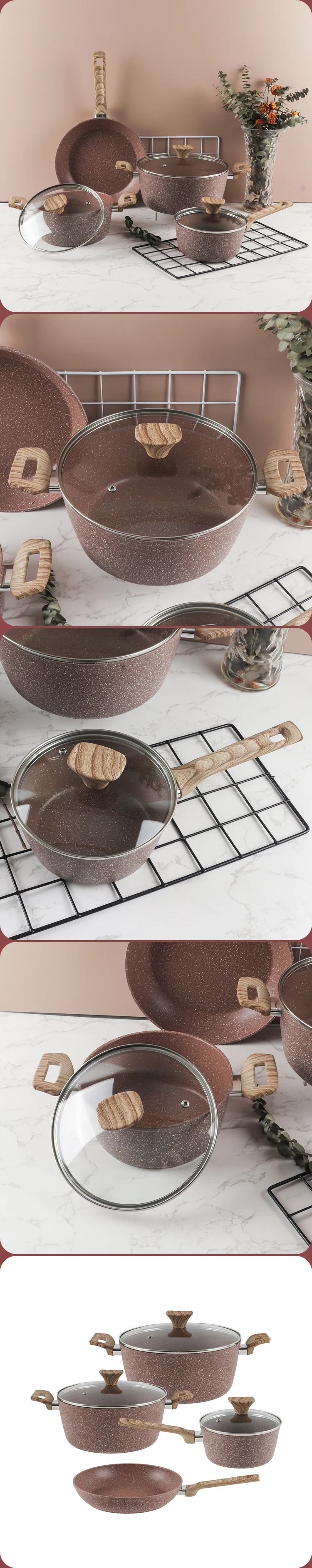 Wholesale Forged Aluminum Nonstick Frying Pan Skillet with Wooden Effect Handle Induction Cooking Suitable Metal Material