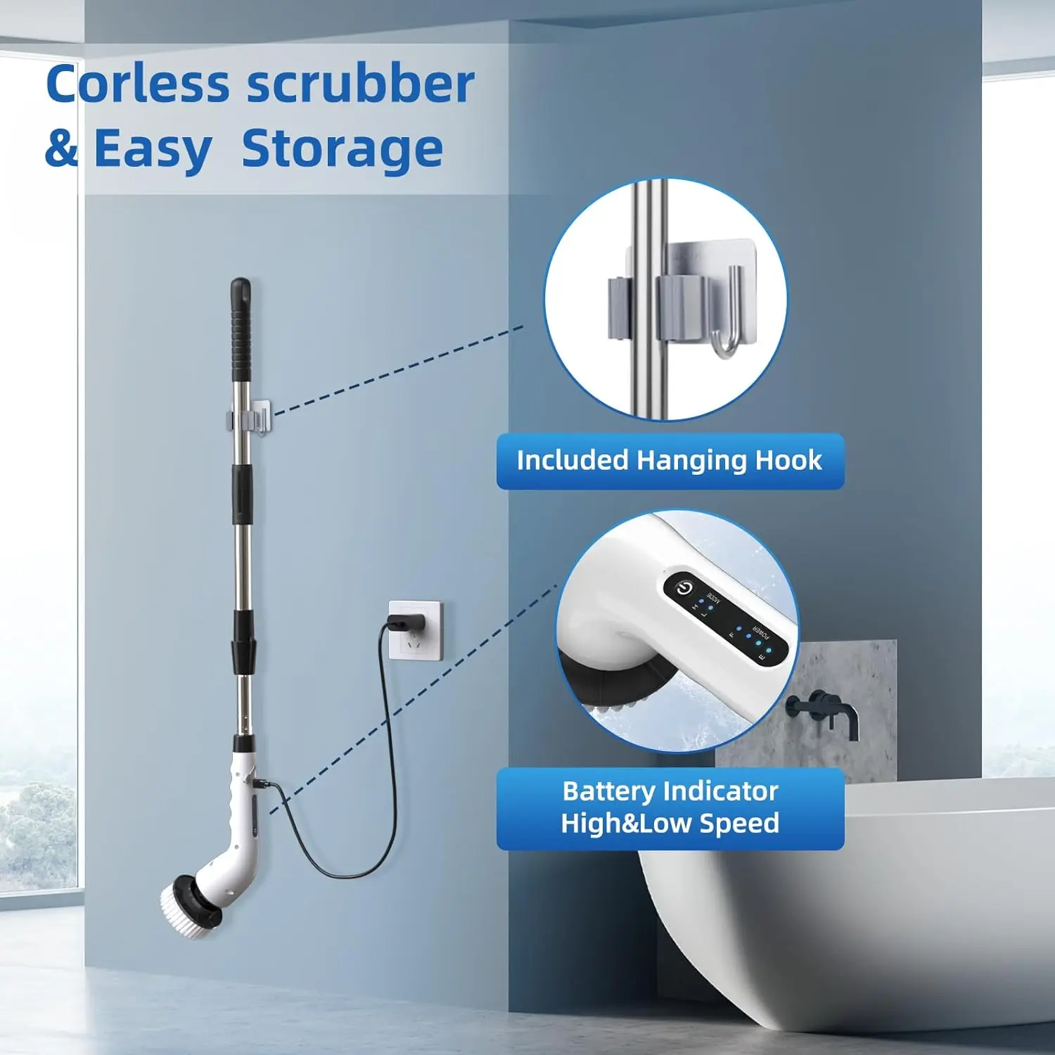 Electric Spin Scrubber Long Handle Electric Cleaning Brush With 8 Replaceable Brush Heads For Bathroom Kitchen Floor Clean