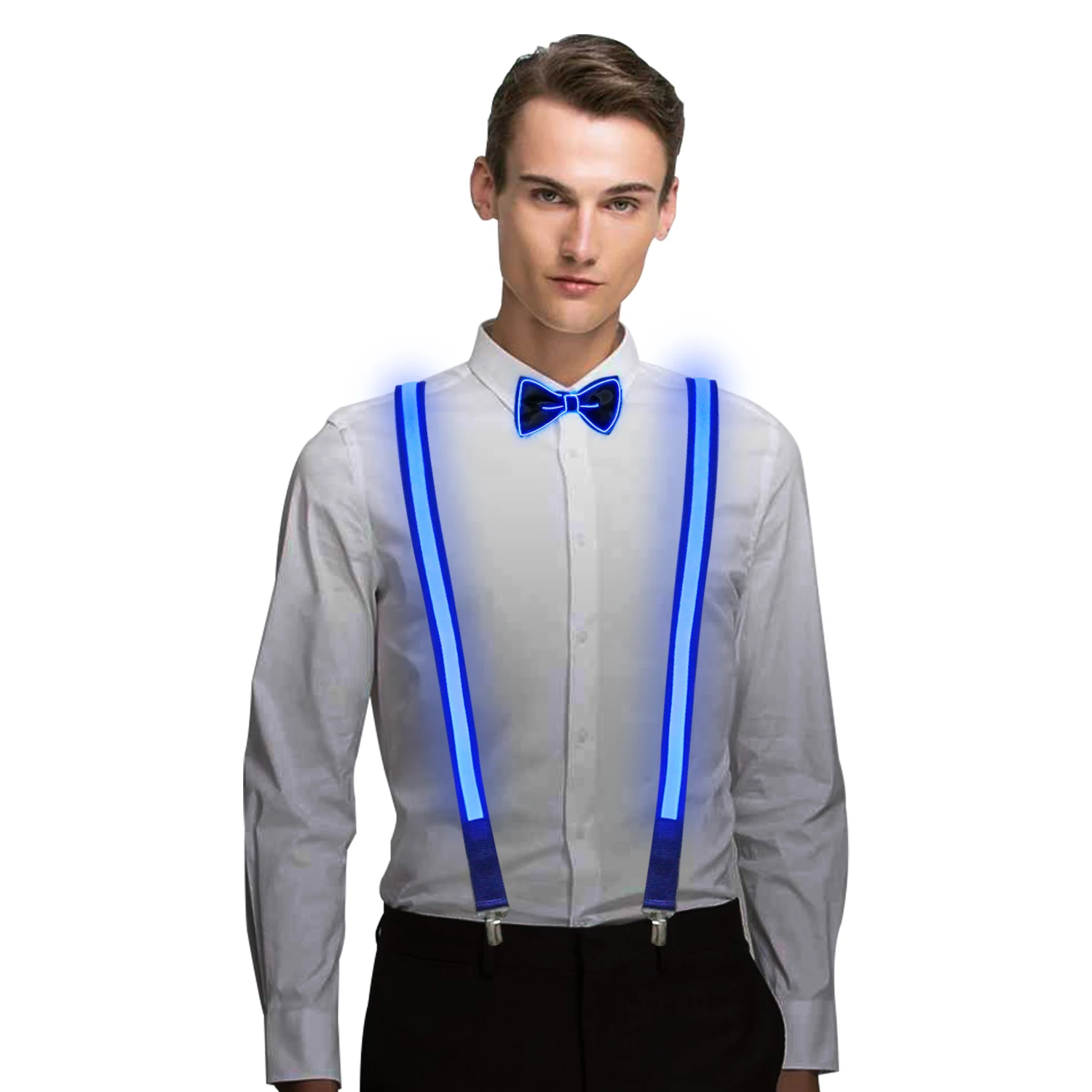 Fashion Cold light bow tie + LED flat optical fiber suspender set for party show