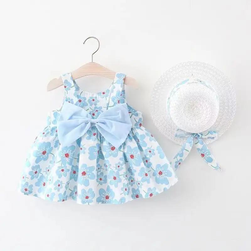 Floral Beby Dress Girl Wholesale Sleeveless Casual Baby Dresses 2 Year Girls Dress with Bow