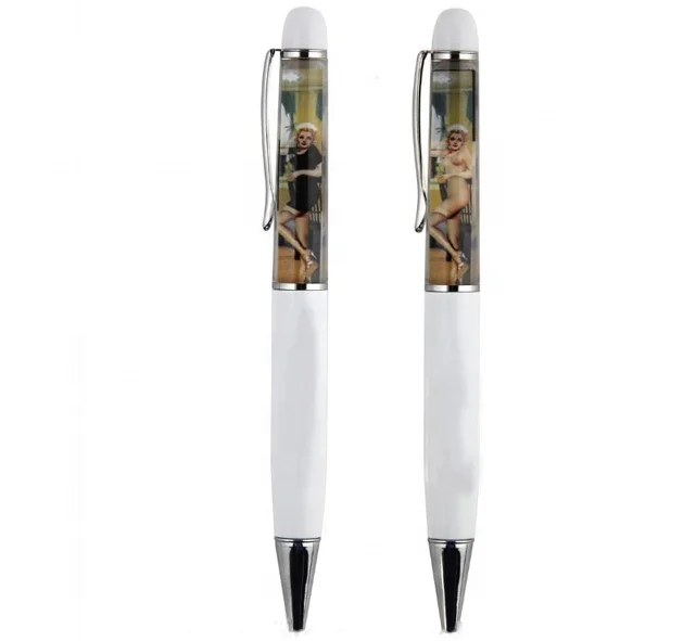 Custom Interesting Acrylic Glitter Floating Liquid Oil Crystal Stripper Naked Women Sliding Panel Floaty Pen For Lady Girl