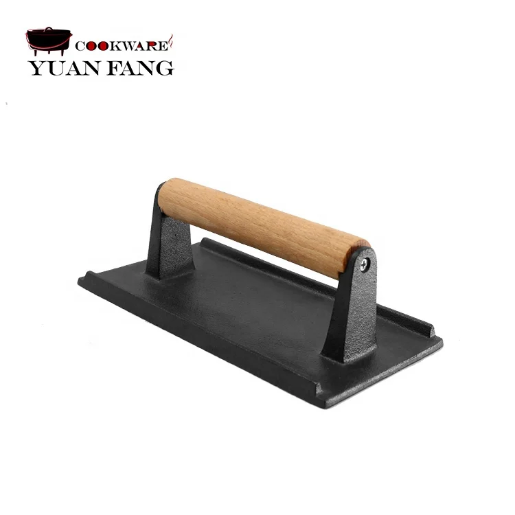 Hot Sell Customized 21CM Rectangular Shape Cookware BBQ Bacon Press Cast Iron Grill Press with Wooden Handle